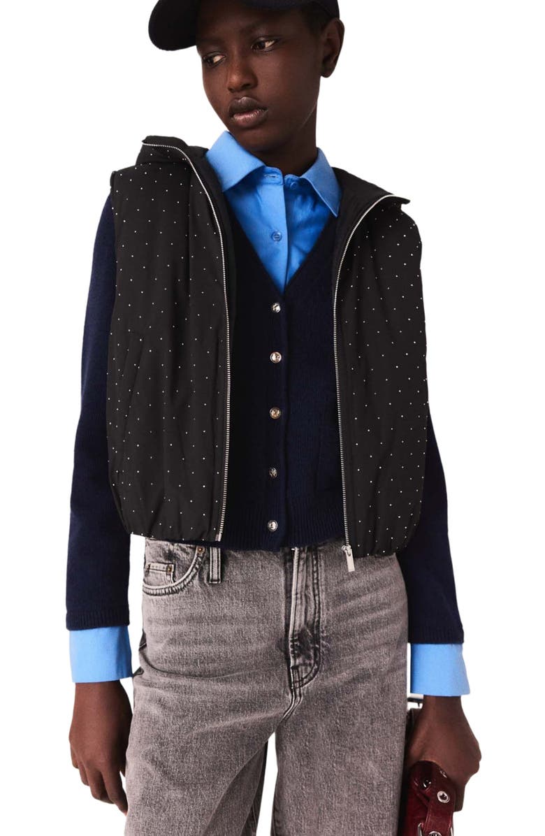 maje Rhinestone sleeveless puffer jacket, Alternate, color, Black