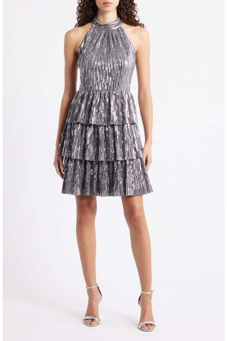 Sequin Tiered Cocktail Dress, Main, color, SILVER