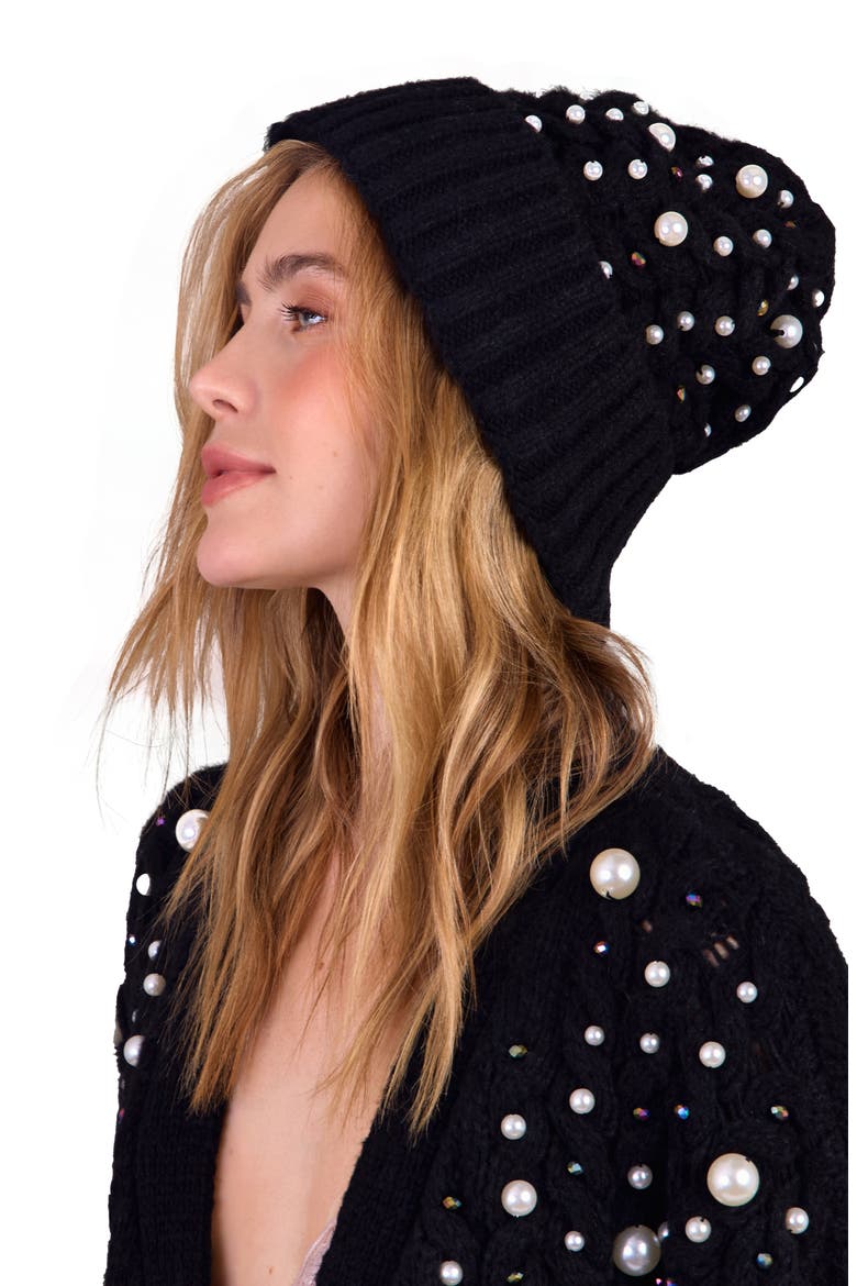 Faux Pearl Embellished Cable Knit Beanie, Alternate, color, BLACK