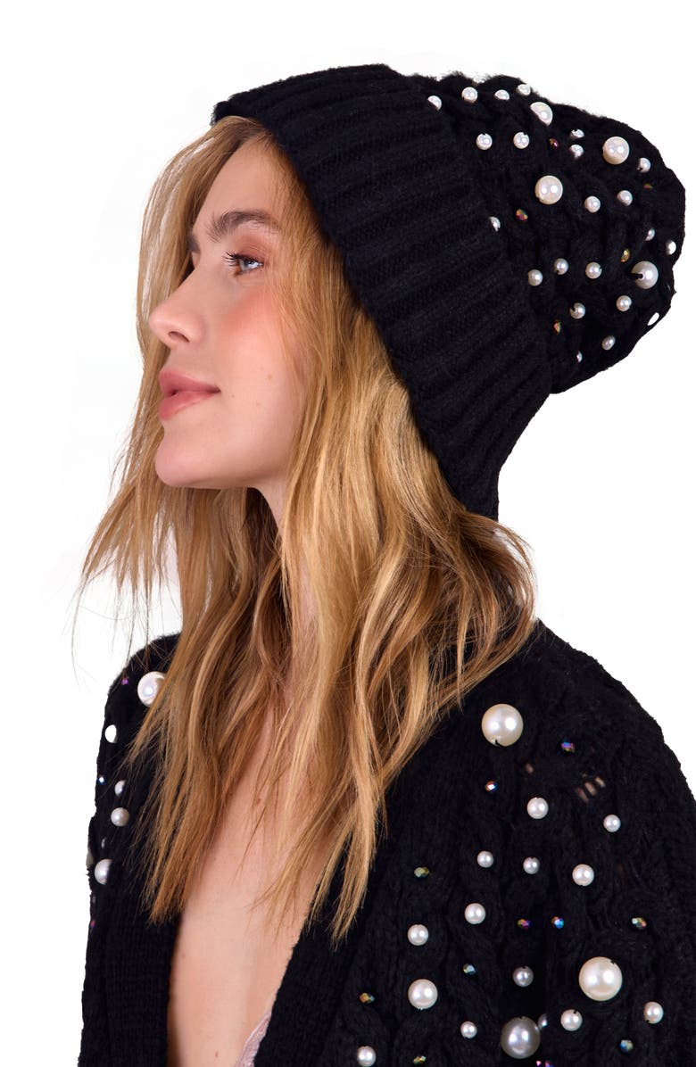 SAACHI Faux Pearl Embellished Cable Knit Beanie, Alternate, color, Black