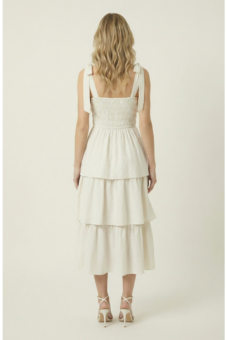 Tiered Smocked Bow-Tie Strap Midi Dress, Alternate, color, Cream