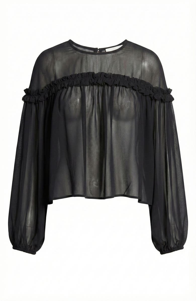 Modenaire Sheer Long Sleeve Blouse with Ruffled Trim and Flowing Silhouette, Alternate, color, Black