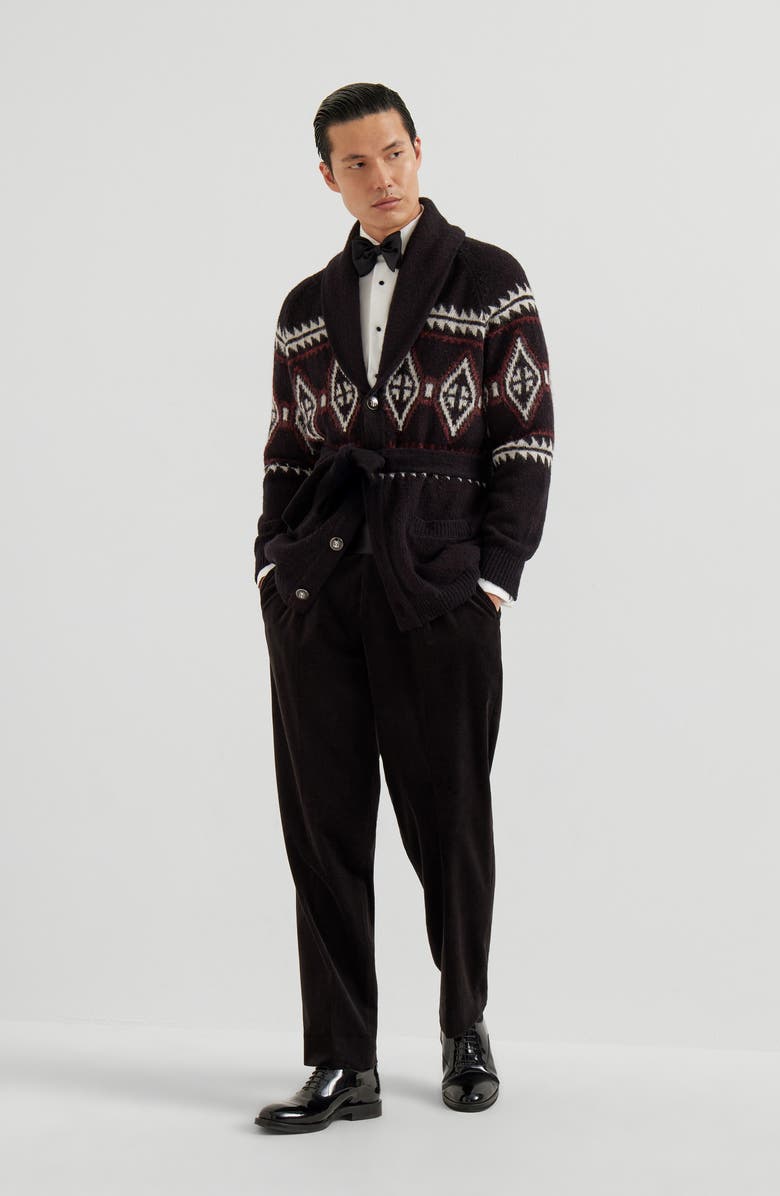 Brunello Cucinelli Geometric jacquard belted cardigan, Alternate, color, Black
