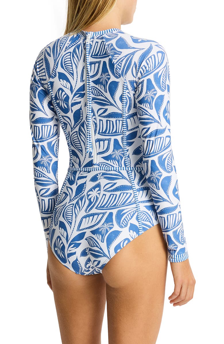 Sea Level Seamed Long Sleeve UPF 50+ One-Piece Rashguard Swimsuit, Alternate, color, Denim Blue