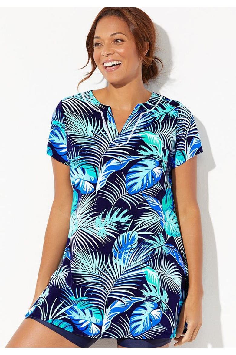 Chlorine Resistant Swim Tunic, Alternate, color, Navy Palm