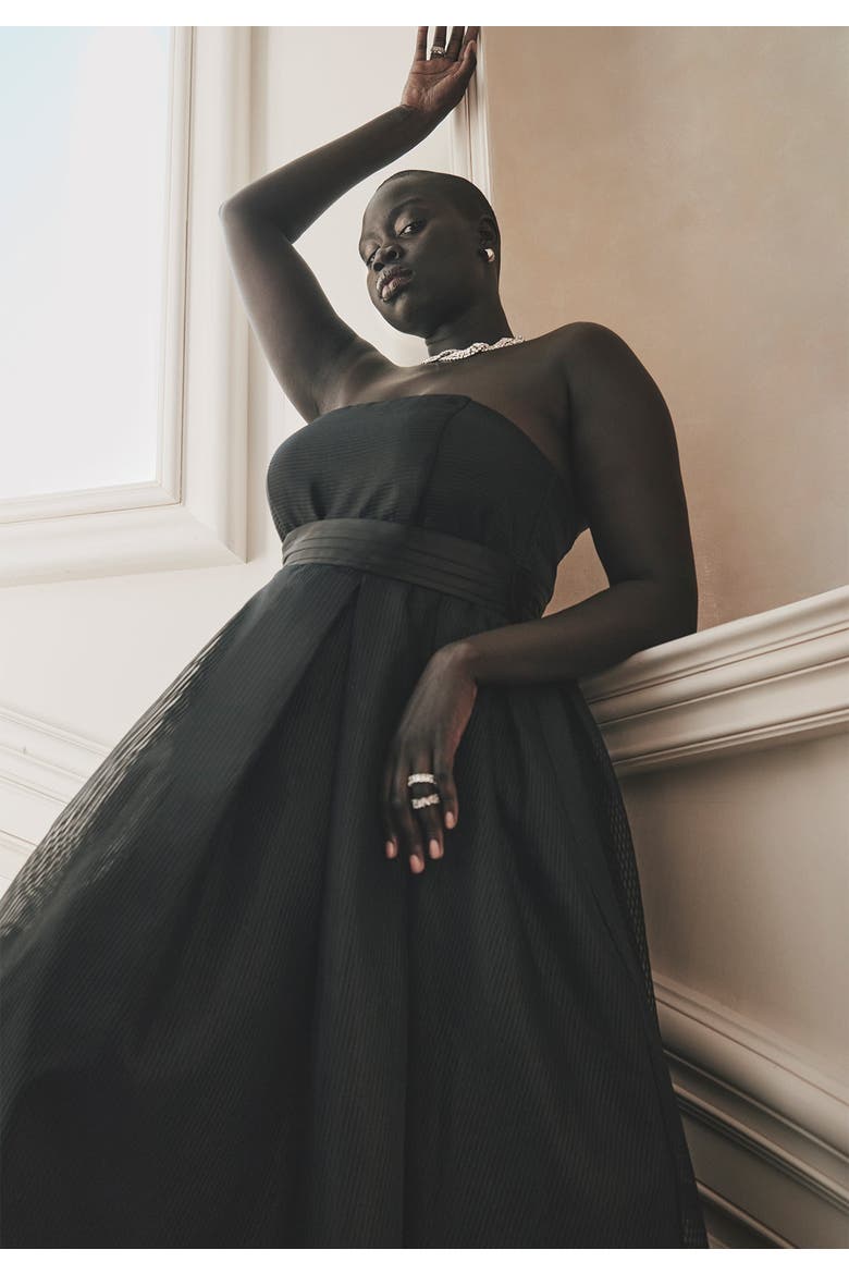 Strapless Organza Midi Dress, Alternate, color, BLACK ONYX
