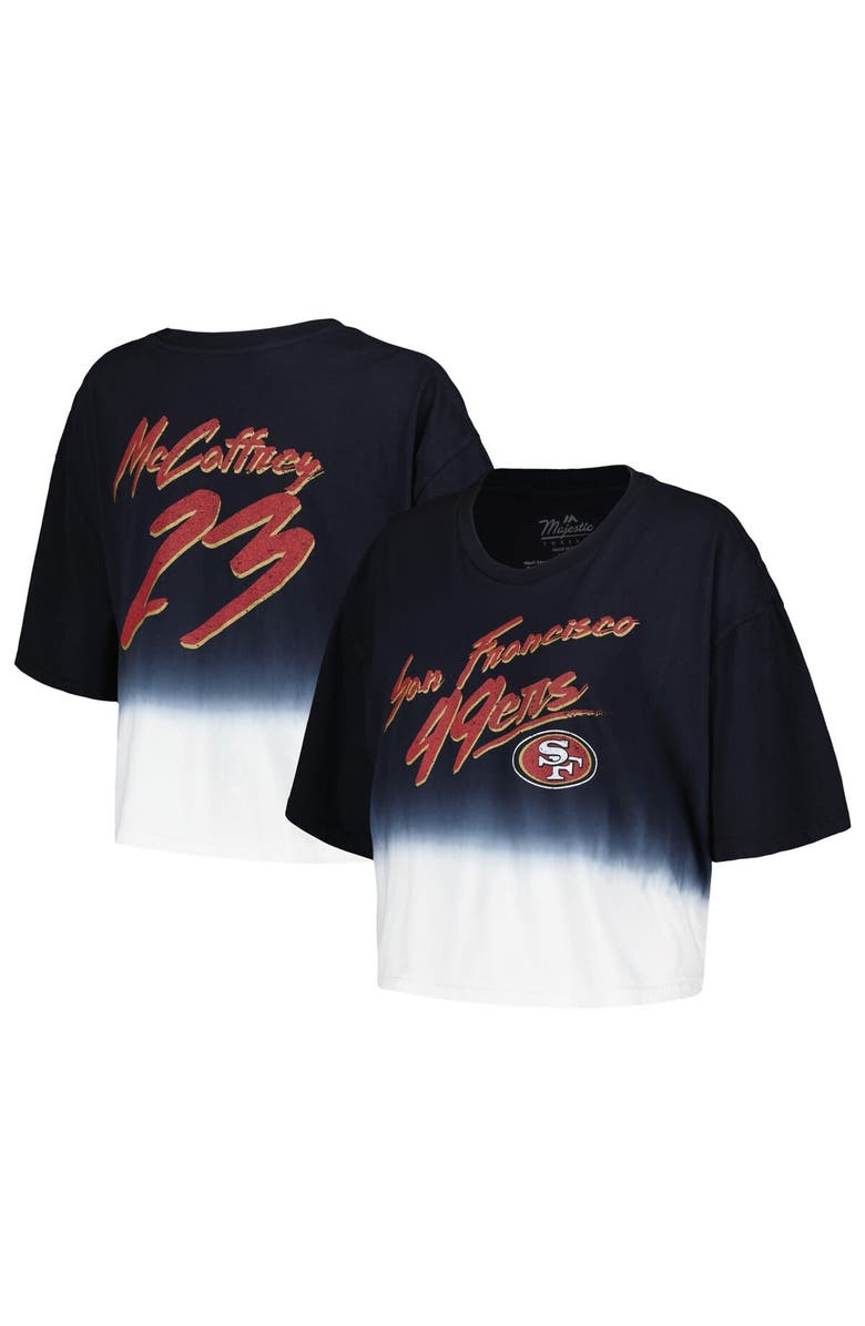 Majestic Threads Women's Majestic Threads Christian McCaffrey Black/White San Francisco 49ers Dip-Dye Player Name & Number Crop Top, Alternate, color, Black