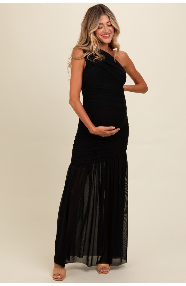 PinkBlush Ruched Mesh One Shoulder Maxi Dress, Alternate, color, Black