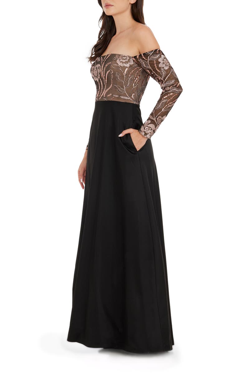 Dress the Population Margaret Sequin Embroidered Off the Shoulder Long Sleeve Gown, Alternate, color,