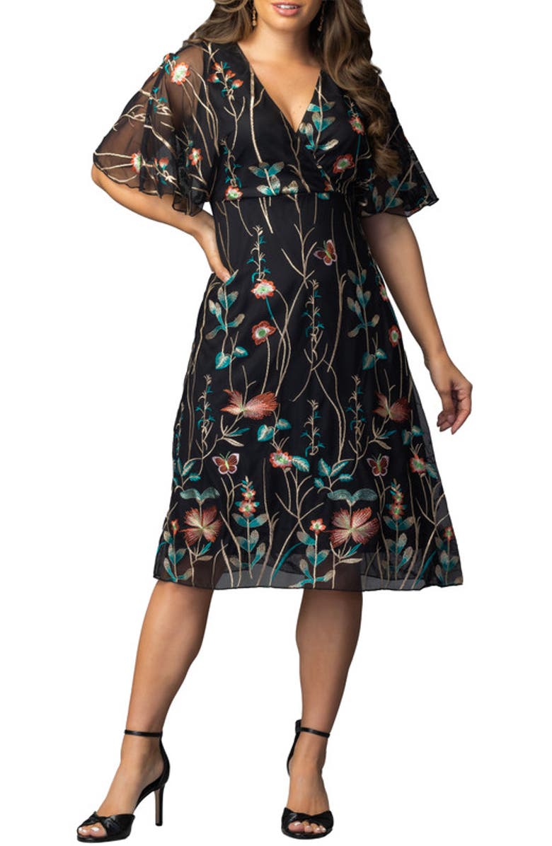 Kiyonna Sonnet Embroidered Cocktail Dress, Main, color, Onyx