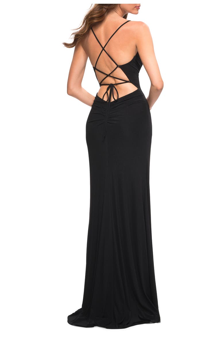 La Femme Chic Long Net Jersey Dress with Lace Up Back, Alternate, color, Black