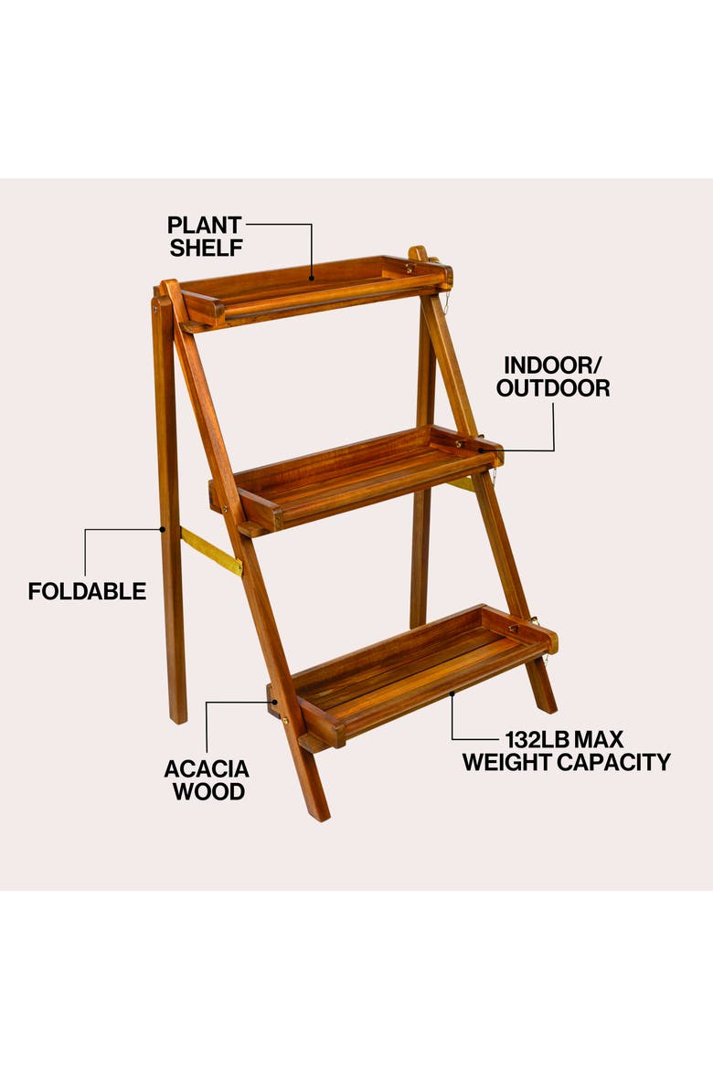 Hollis 3-Tier Acacia Wood Indoor/Outdoor Foldable Compact Freestanding Ladder Plant Stand Display Rack Shelf, Alternate, color, Natural