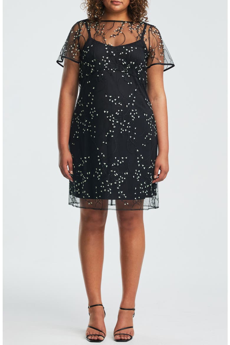 Floral Embroidered Mesh Cocktail Dress, Main, color, BLACK