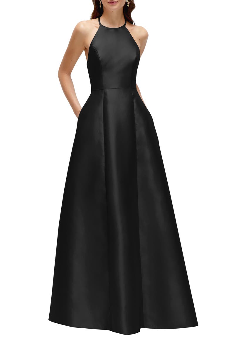 A-Line Satin Gown, Main, color, BLACK