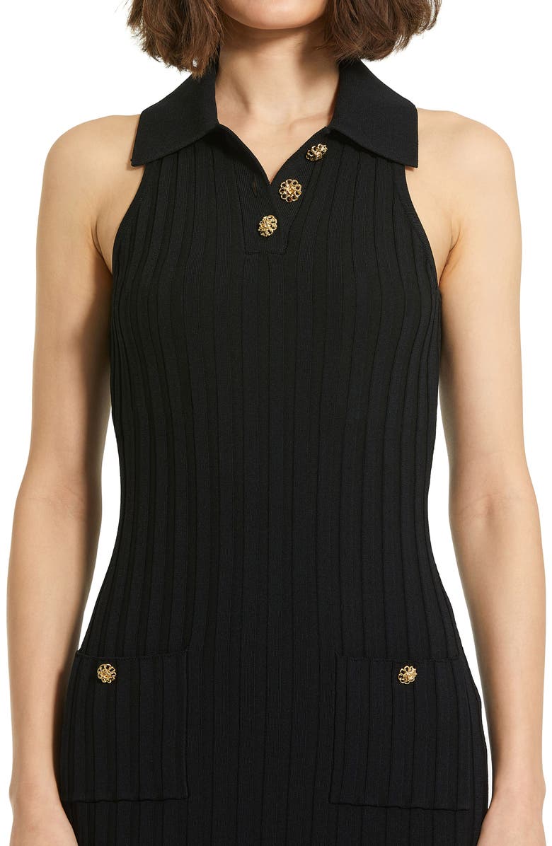 Mac Duggal Rib Knit Collared Sleeveless Fitted Maxi Dress, Alternate, color, Black