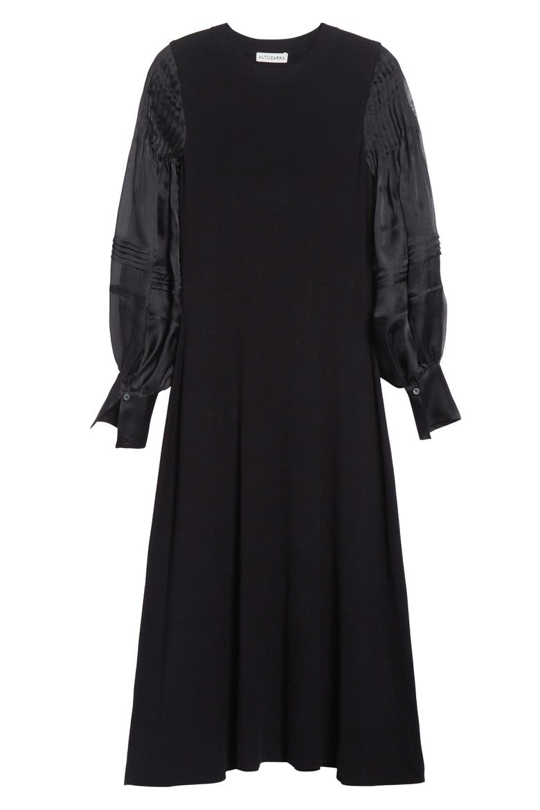 Carino Long Sleeve Silk Midi Dress, Alternate, color, BLACK