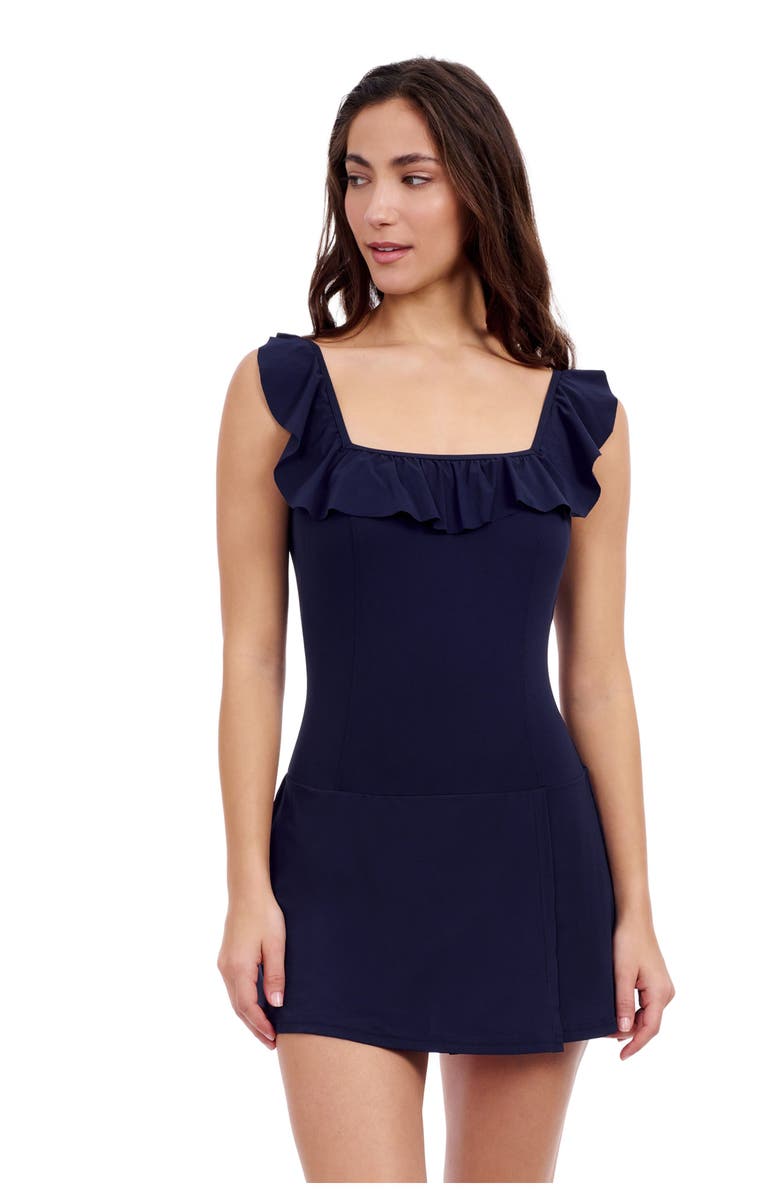 Profile by Gottex Tutti Frutti Ruffle Square Neck Swimdress, Main, color, Navy