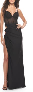 La Femme Side Cut Out Jersey Gown with Rhinestone Bodice