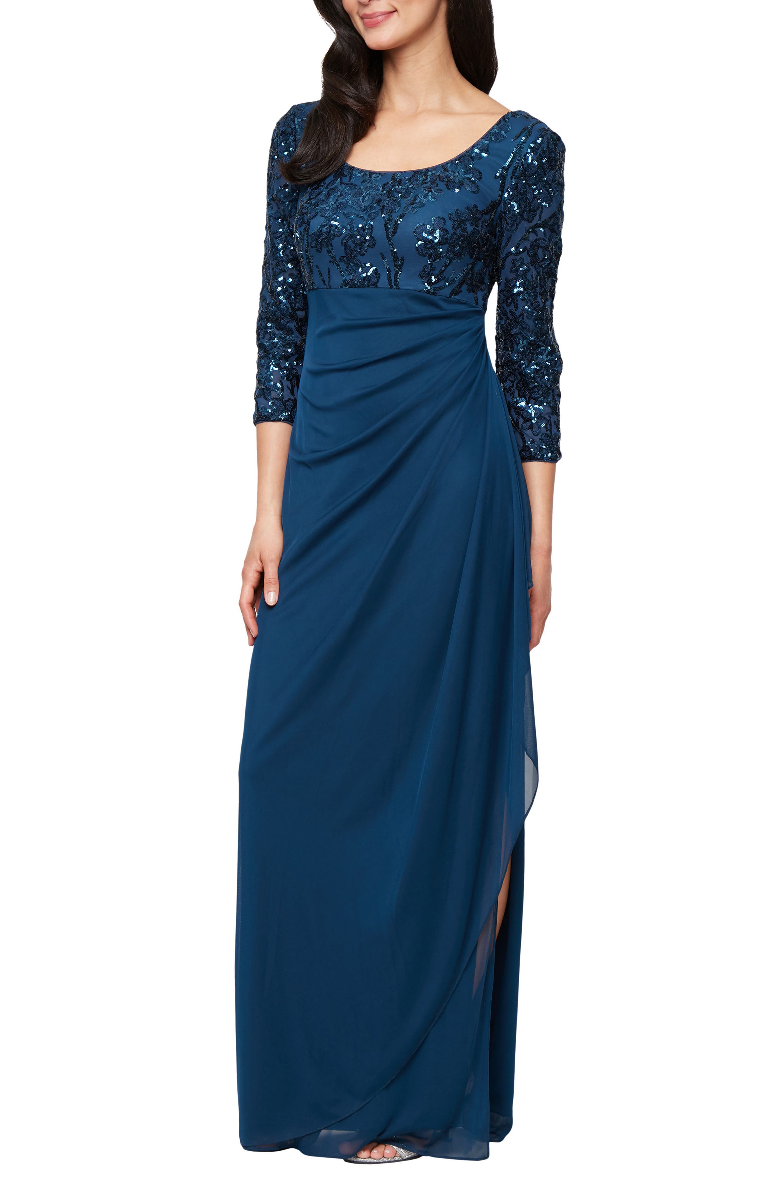 Alex Evenings Empire Waist Sequin Evening Gown In Blue