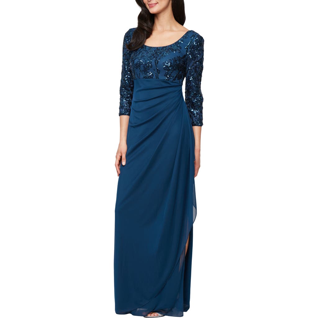 Alex Evenings Empire Waist Sequin Evening Gown In Blue