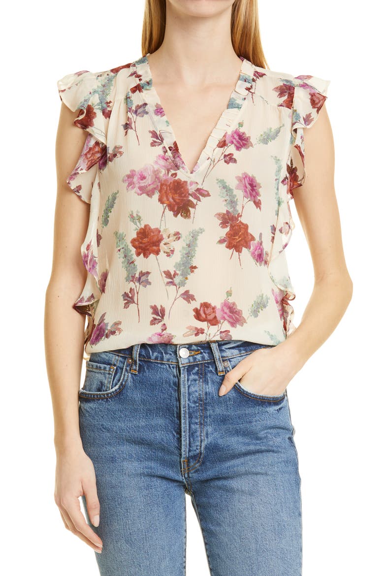 Genie Floral Print Ruffle Silk Top, Alternate, color, NUDE CREAM MULTI