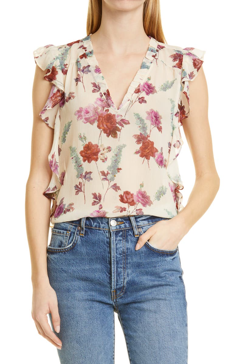 PAIGE Genie Floral Print Ruffle Silk Top, Alternate, color, 