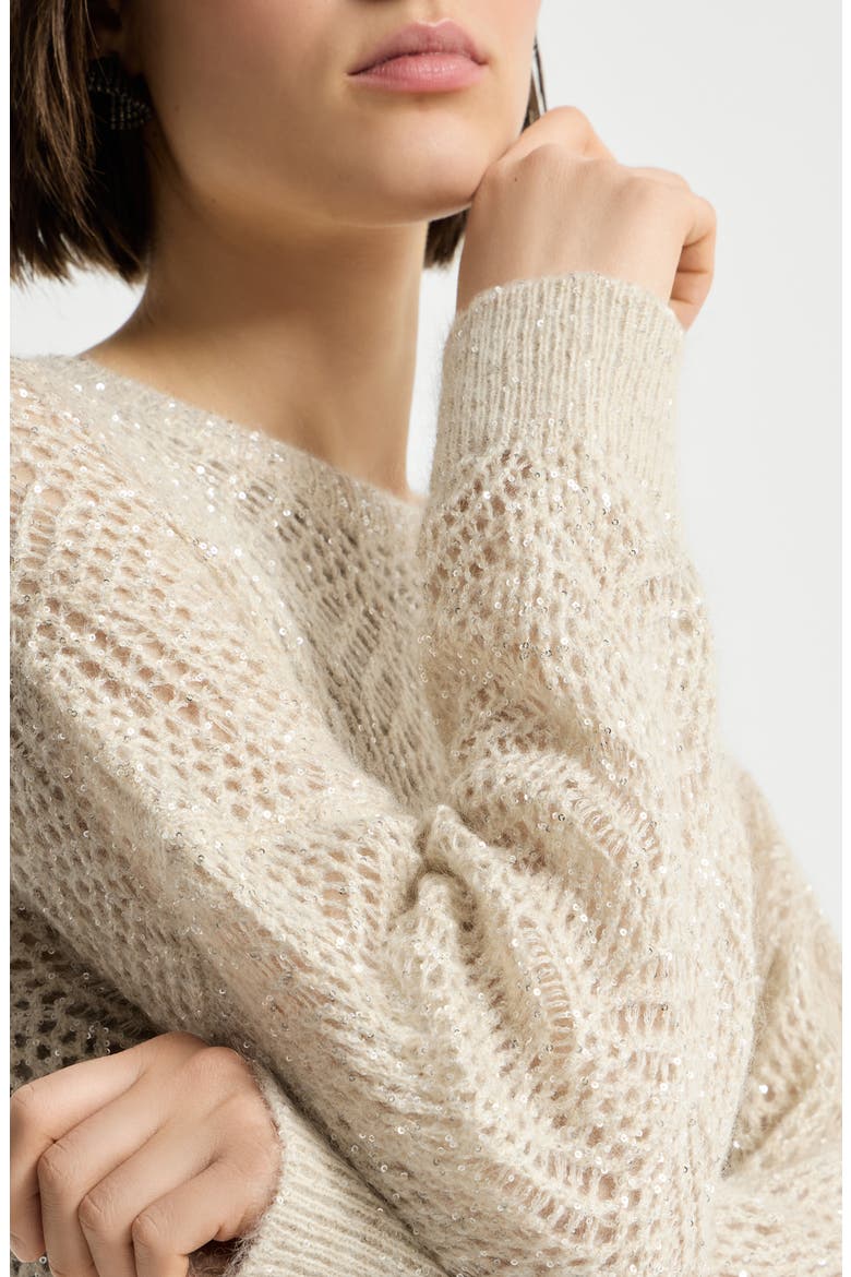 Dazzling abstract leaf knit dress in mohair and wool, Alternate, color, Cream