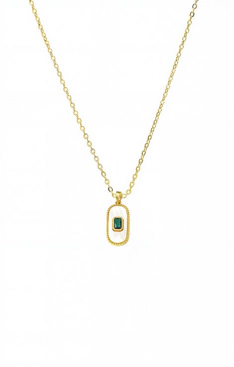 Green CZ & Mother Of Pearl Elongated Dog Tag Necklace