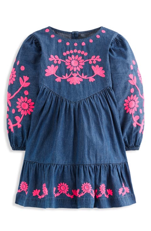 Kids' Celia Wing Sleeve Embroidered Denim Dress