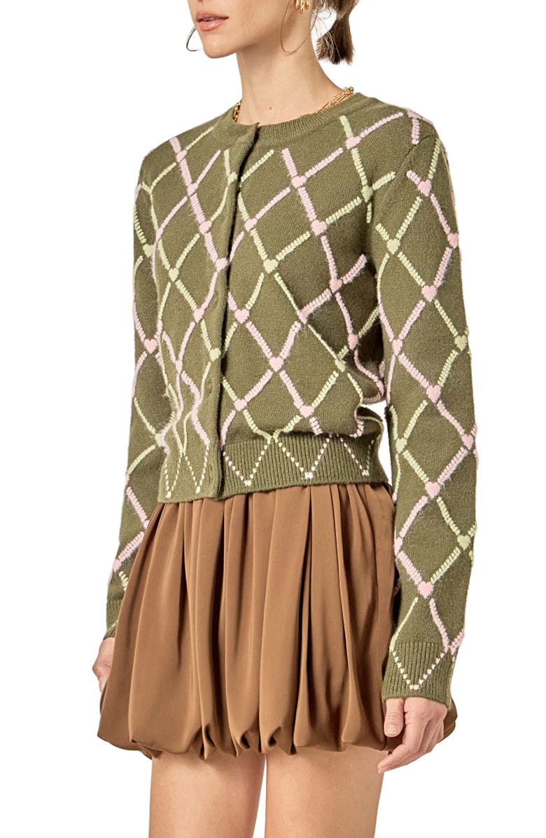 English Factory Diamond Heart Cardigan, Alternate, color, Green/ Pink