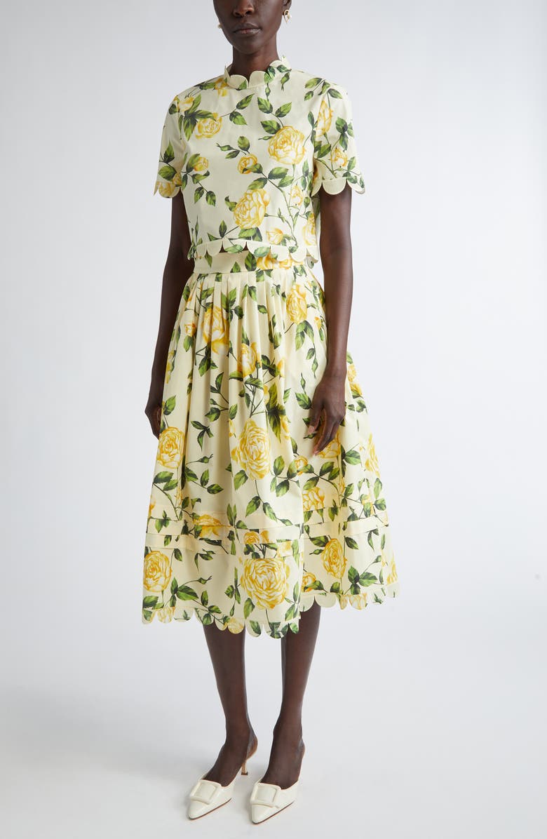 Oscar de la Renta English Rose Print Stretch Cotton Crop Top, Alternate, color, Yellow/ Soft Yellow