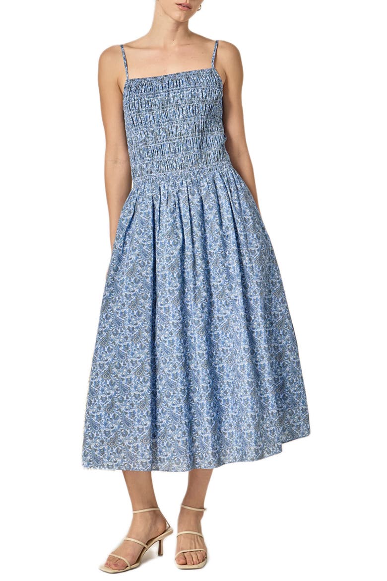 Paisley Print Smocked A-Line Dress, Main, color, NAVY MULTI