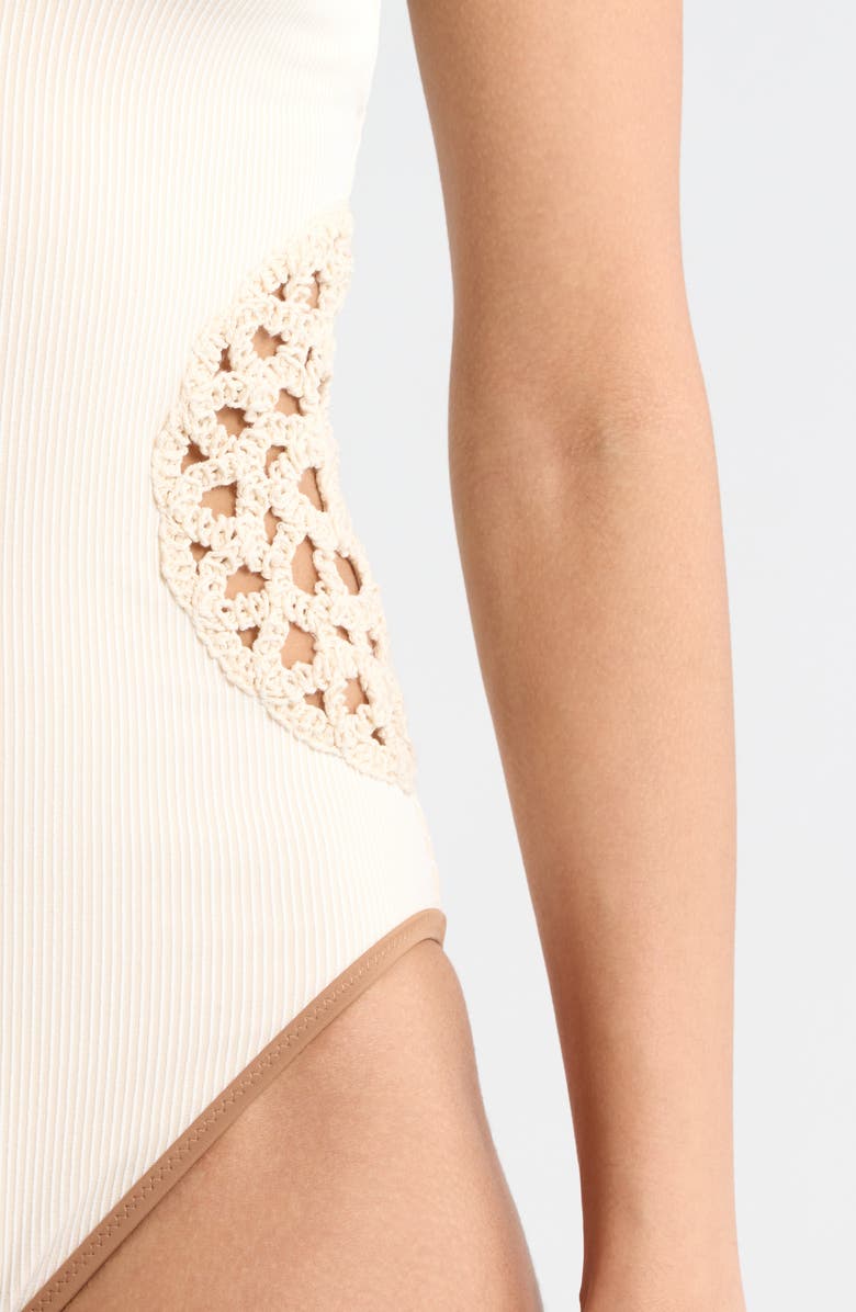 Sanctuary Plunge Crochet Inset High Leg One-Piece Swimsuit, Alternate, color, White Sand