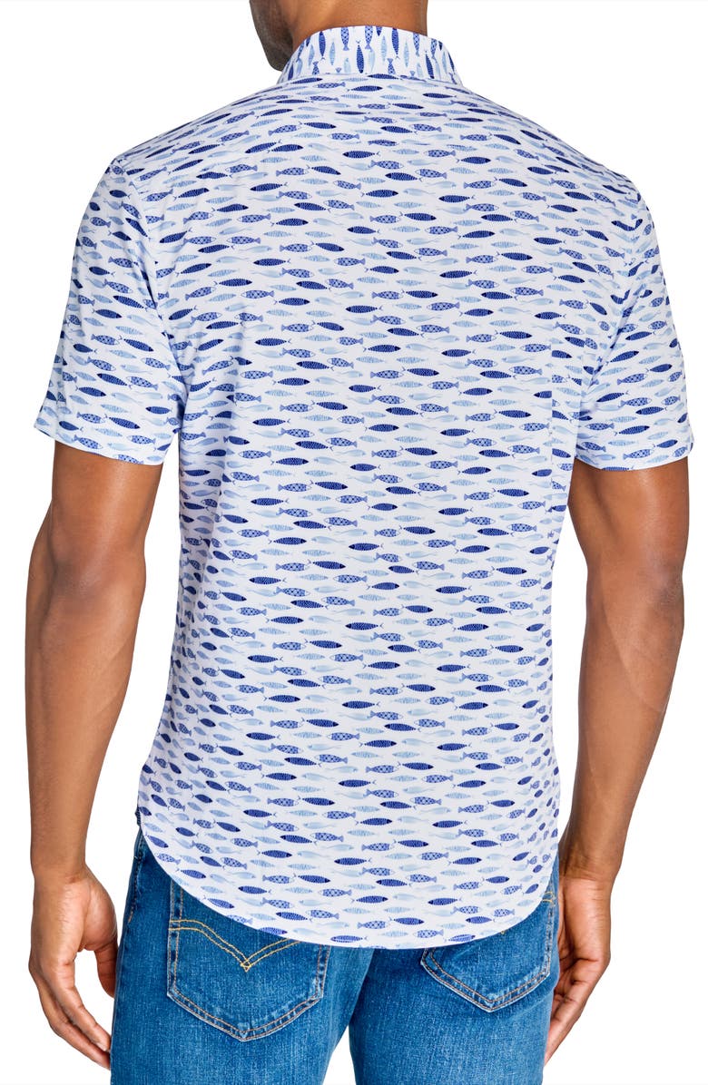 CONSTRUCT Fish Print Short Sleeve Stretch Button-Down Shirt, Alternate, color, White/Blue