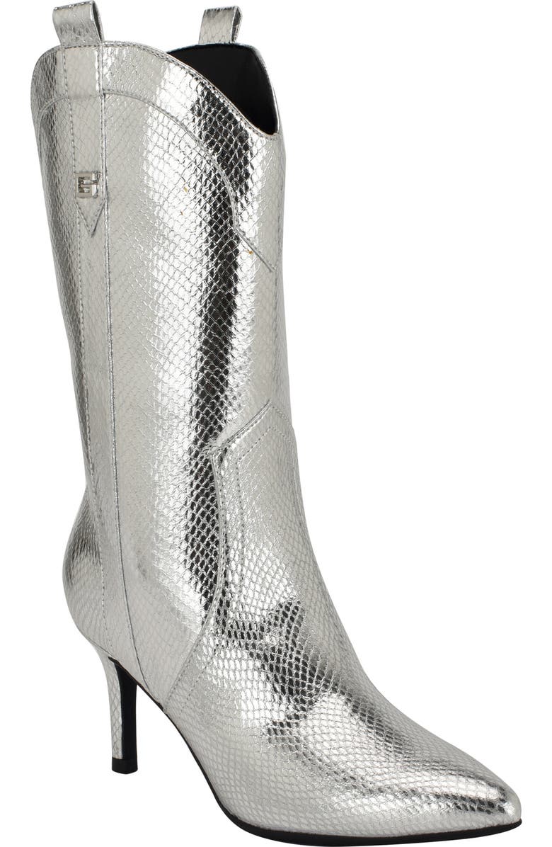 GUESS Wurlie Snakeskin Embossed Western Boot, Main, color, Silver