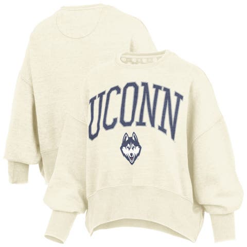 Women's Pressbox Natural UConn Huskies Oversized Waist-Length Crewneck Sweatshirt