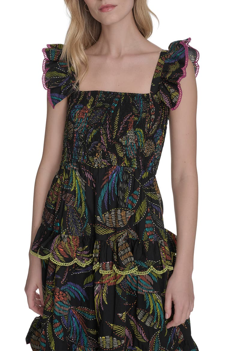 Floral Ruffle Sleeve Cotton Midi SSundress, Alternate, color, BLACK MULTI
