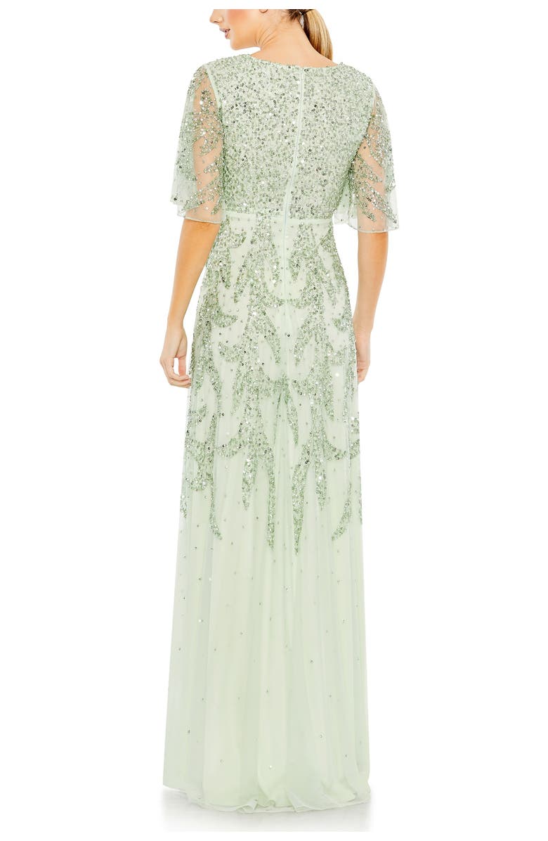 Mac Duggal Sequined Butterfly Sleeve High Low Gown, Alternate, color, Sage