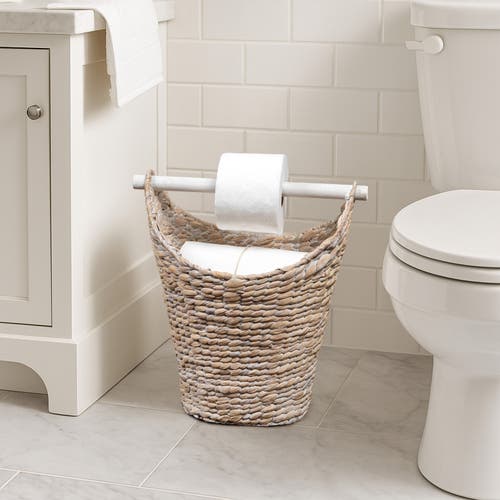 Happimess Talia Classic Coastal Hand-woven Water Hyacinth Toilet Paper Basket With Wood Bar In Nude