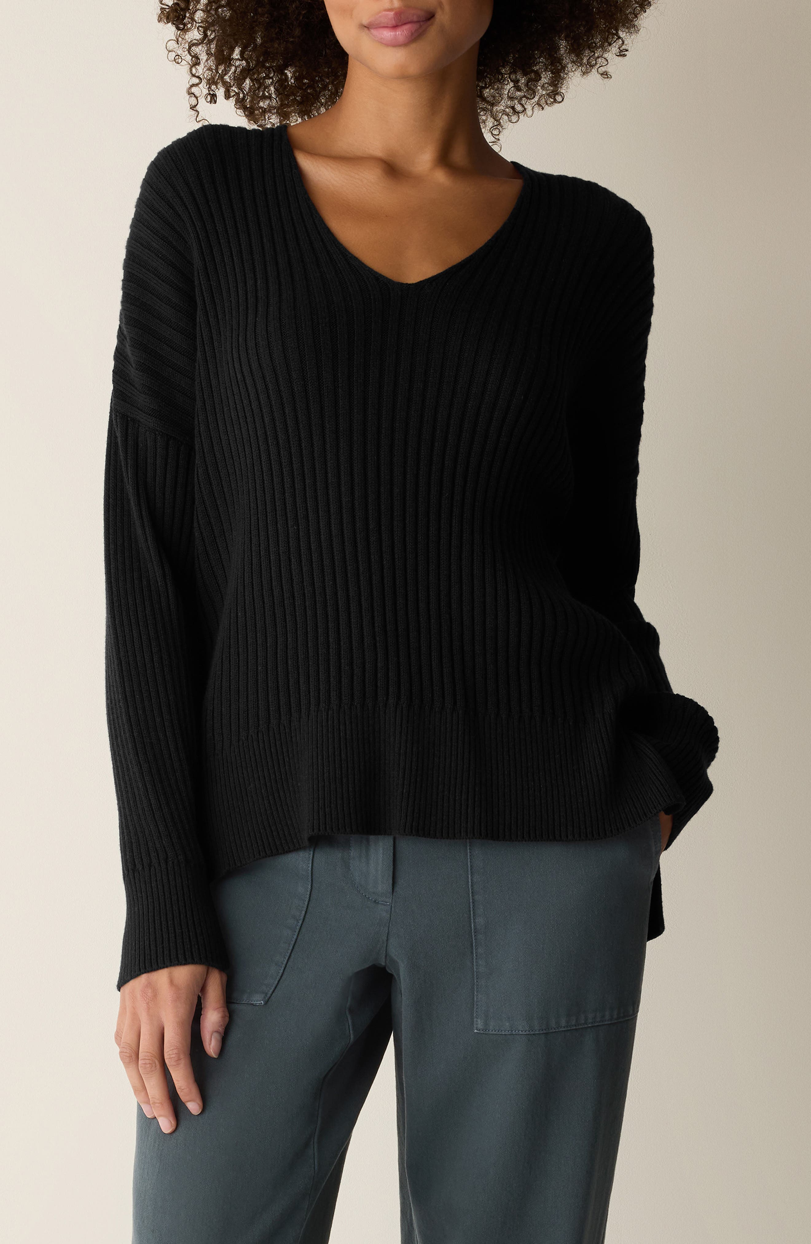 Cotton & Tencel™ lyocell Ribbed V-Neck Sweater