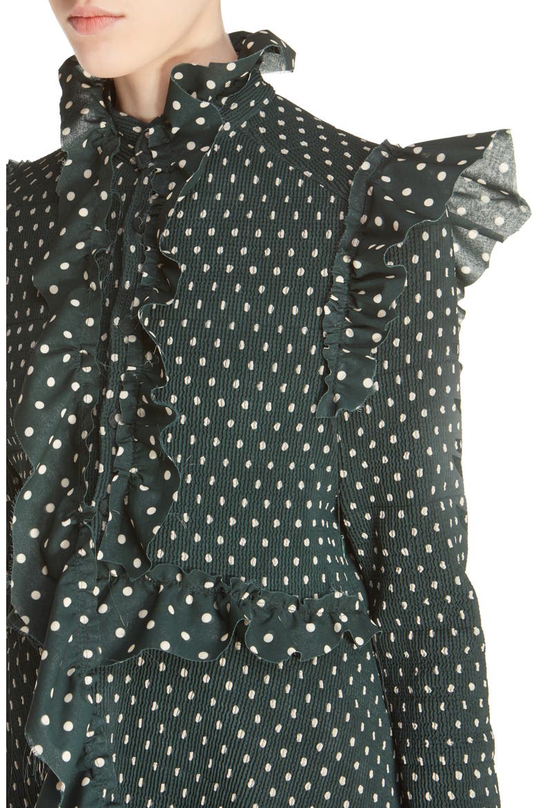 High Neck Frilled Polka Dot Dress, Alternate, color, GREEN