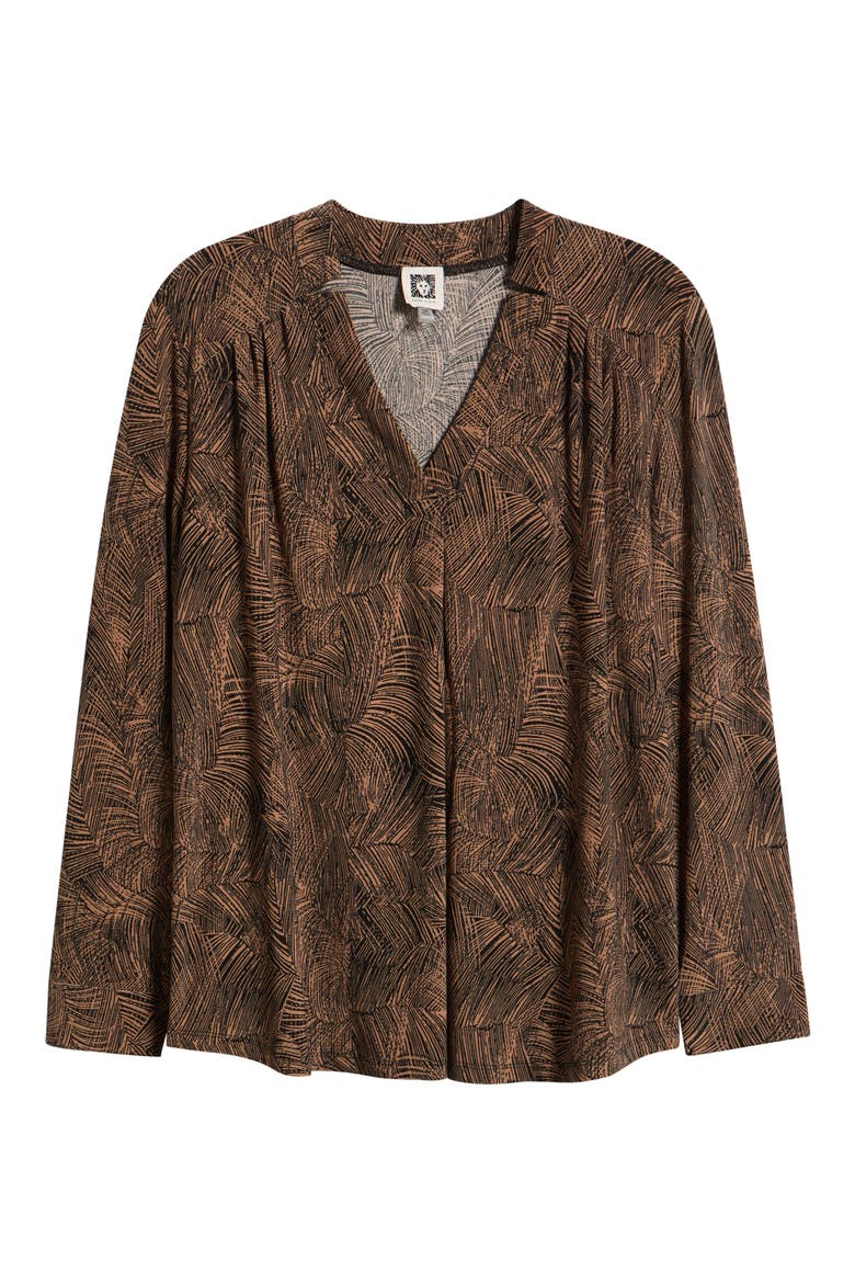 Printed Notched V-Neck Long Sleeve Top, Alternate, color, ANNE BLACK / VICUNA