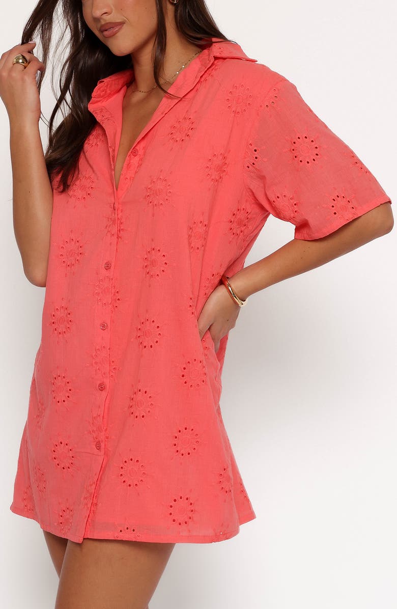 Petal & Pup Norah Embroidered Cotton Mini Shirtdress, Alternate, color, Coral