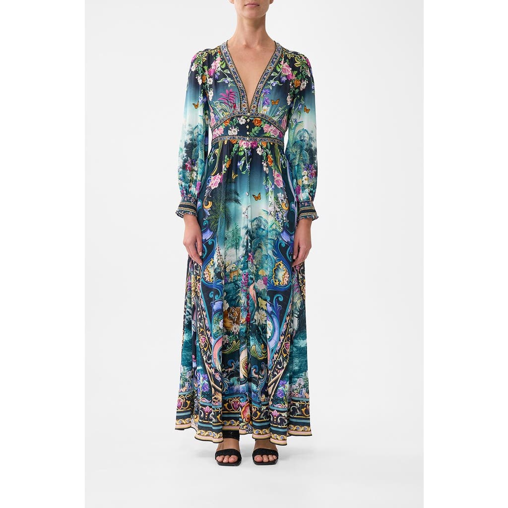 Camilla Button Dress With Shaped Waistband Basked In Baroque In Multi