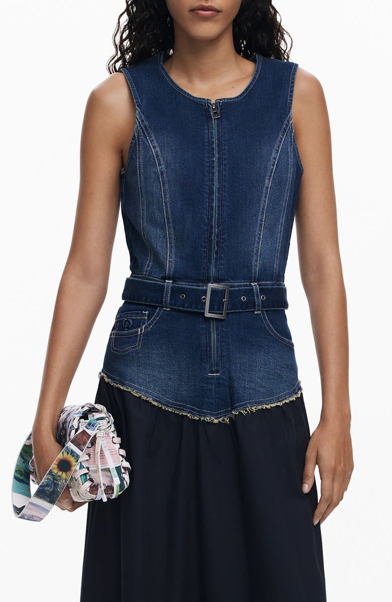 Desigual Sleeveless Mixed Media Midi Dress, Main, color, Medium Blue