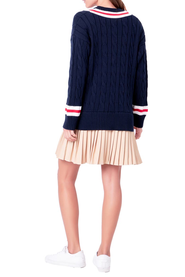 Cable Knit Pleated Sweater Dress, Alternate, color, NAVY MULTI