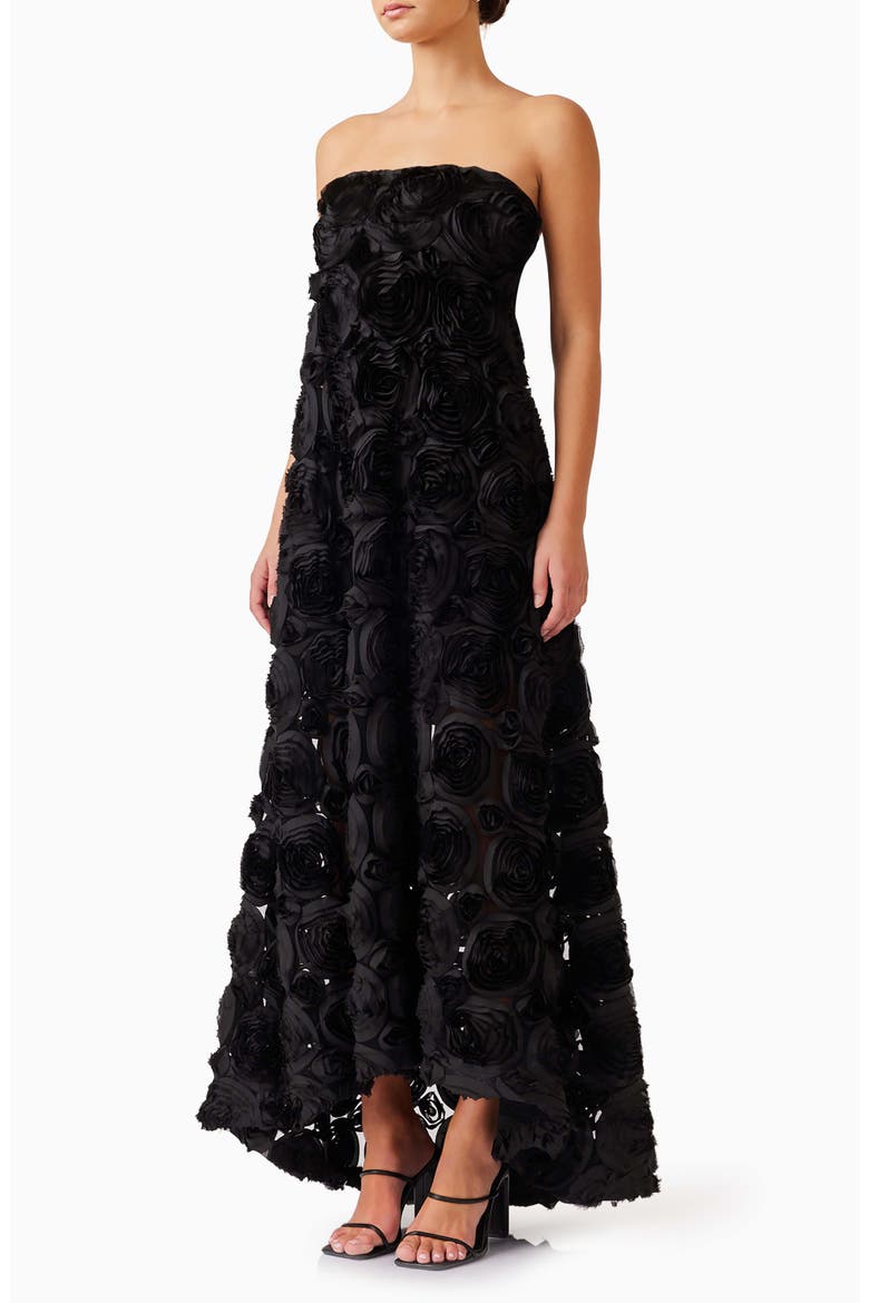 Selena Rosette Strapless Maxi Dress, Alternate, color, BLACK