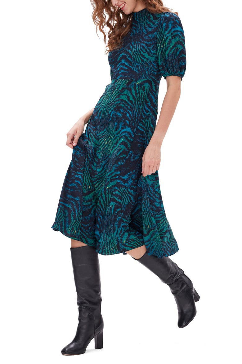 Nella Tiger Print Mock Neck Midi Dress, Alternate, color, MOIRE TIGER