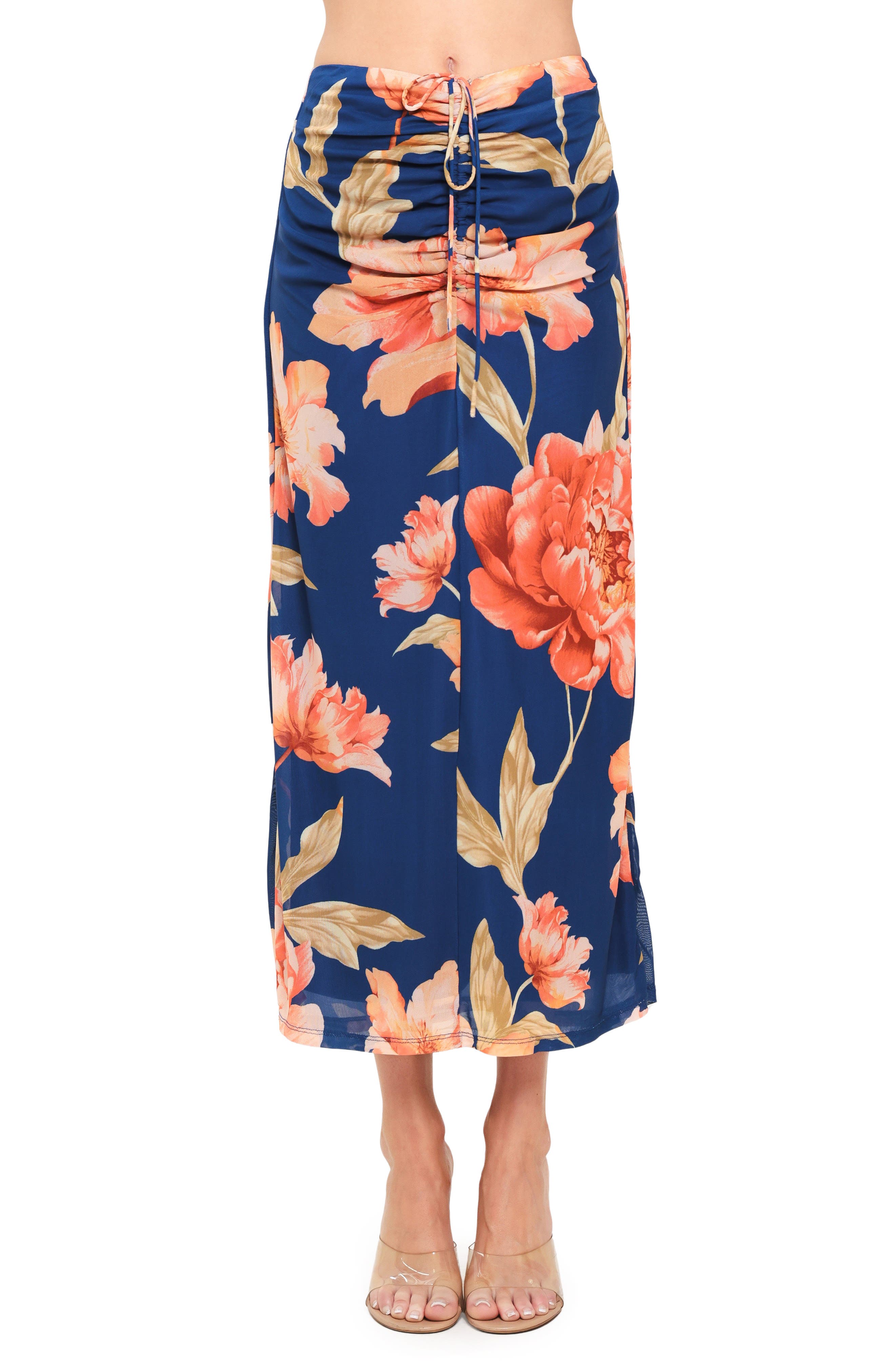 Floral Ruched Mesh Maxi Skirt