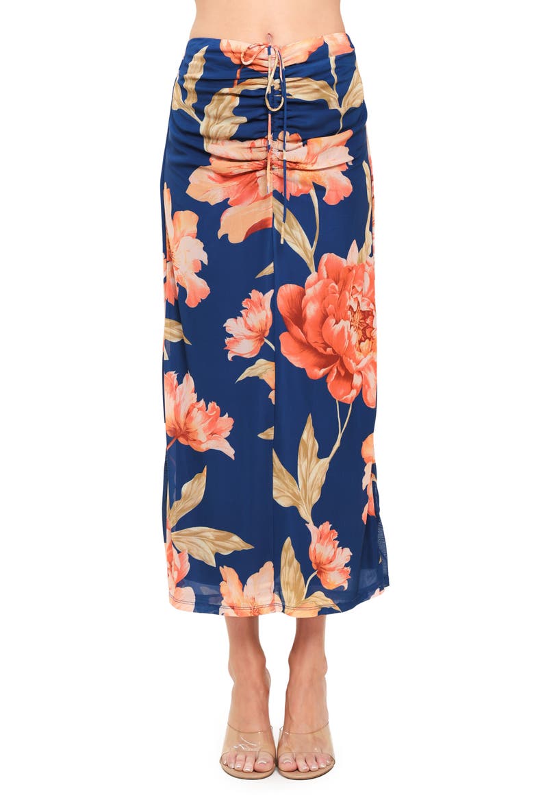 Floral Ruched Mesh Maxi Skirt, Main, color, NAVY